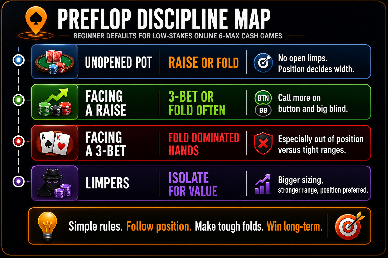 Low Stakes Poker Strategy preflop discipline map for online 6-max cash games