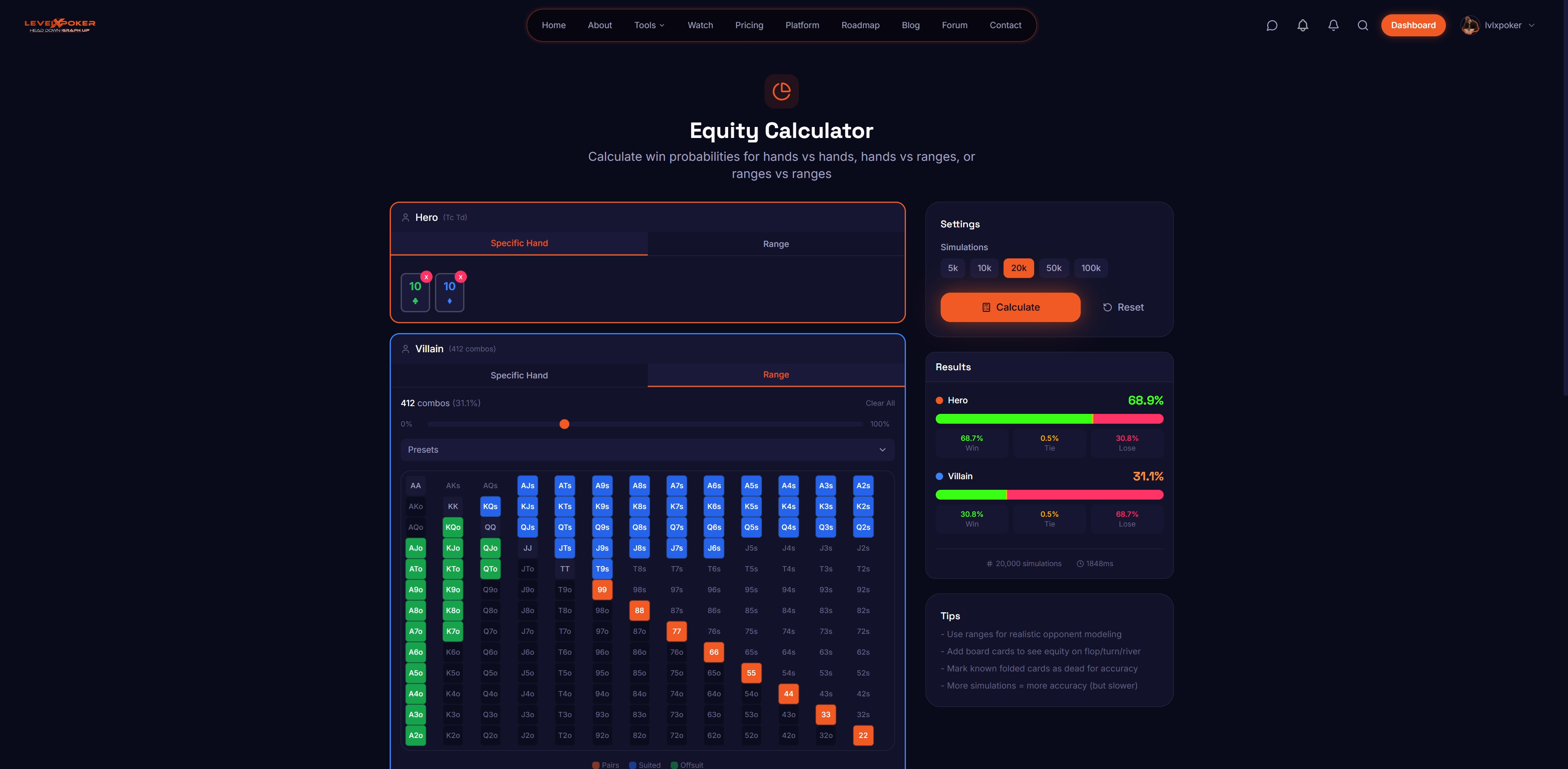 Equity Calculator interface showing hand vs range equity calculation