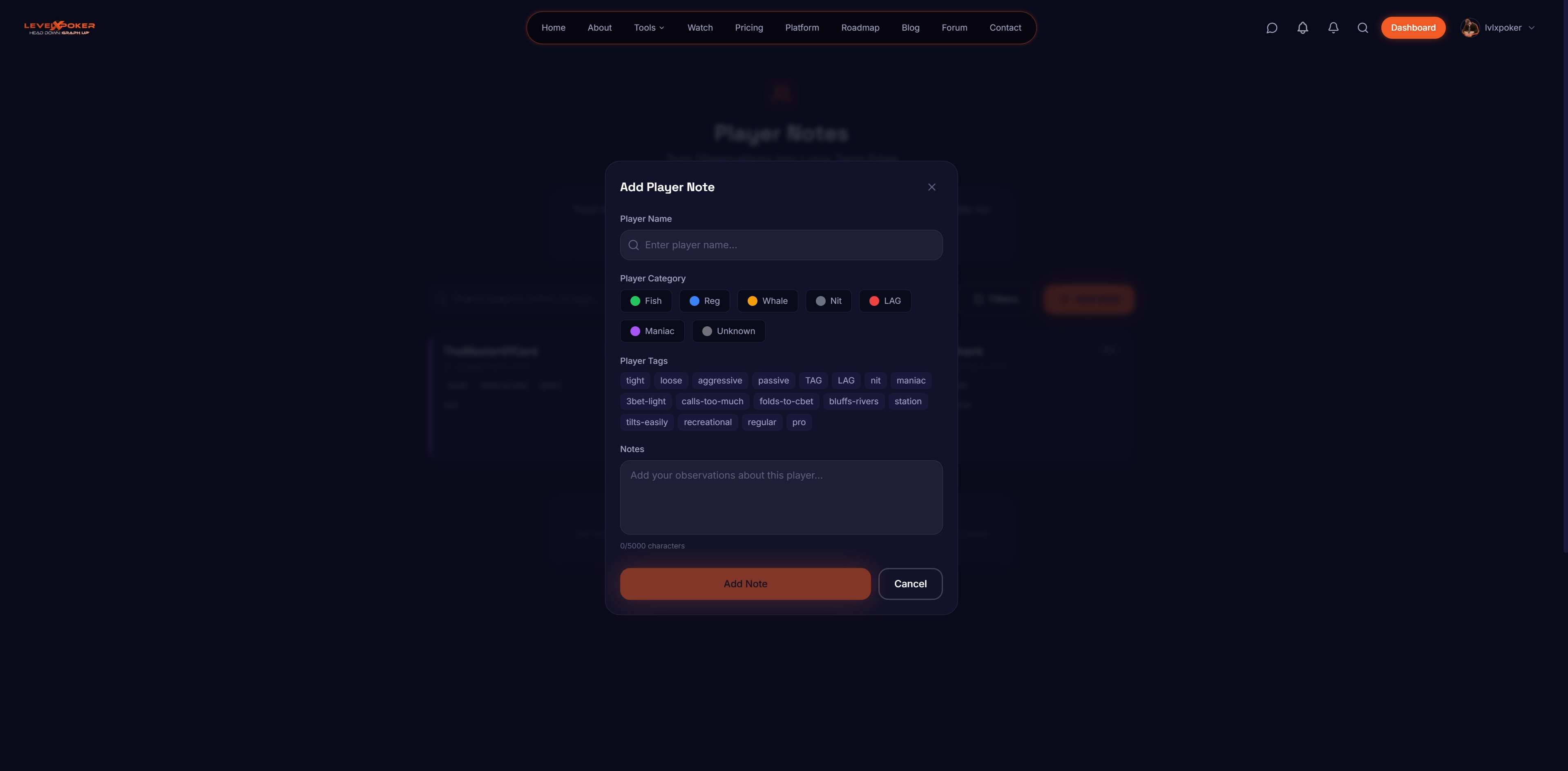Player Notes interface